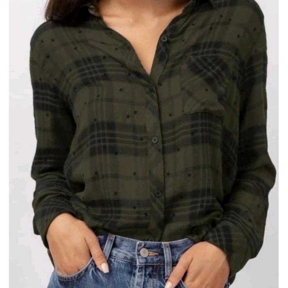 Rails Womens S Star Print Flannel Hunter Shirt Olive Plaid Button Up Long Sleeve